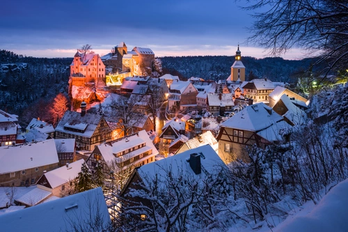 Германия, зима, вечер, дома, замки, церковь, синие, голубые