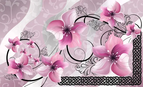 3d, 3д,  цветы, цветок, узор, орнамент, розовый, фиолетовый, черный