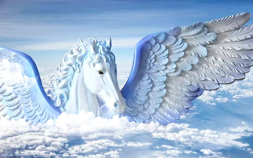3D, лошадь, облака, пегас, голубые, белые