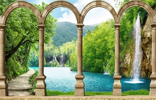 водопад, колонна, 3д, природа, озера, лес, HD, зеленые, бежевые, серые, синие